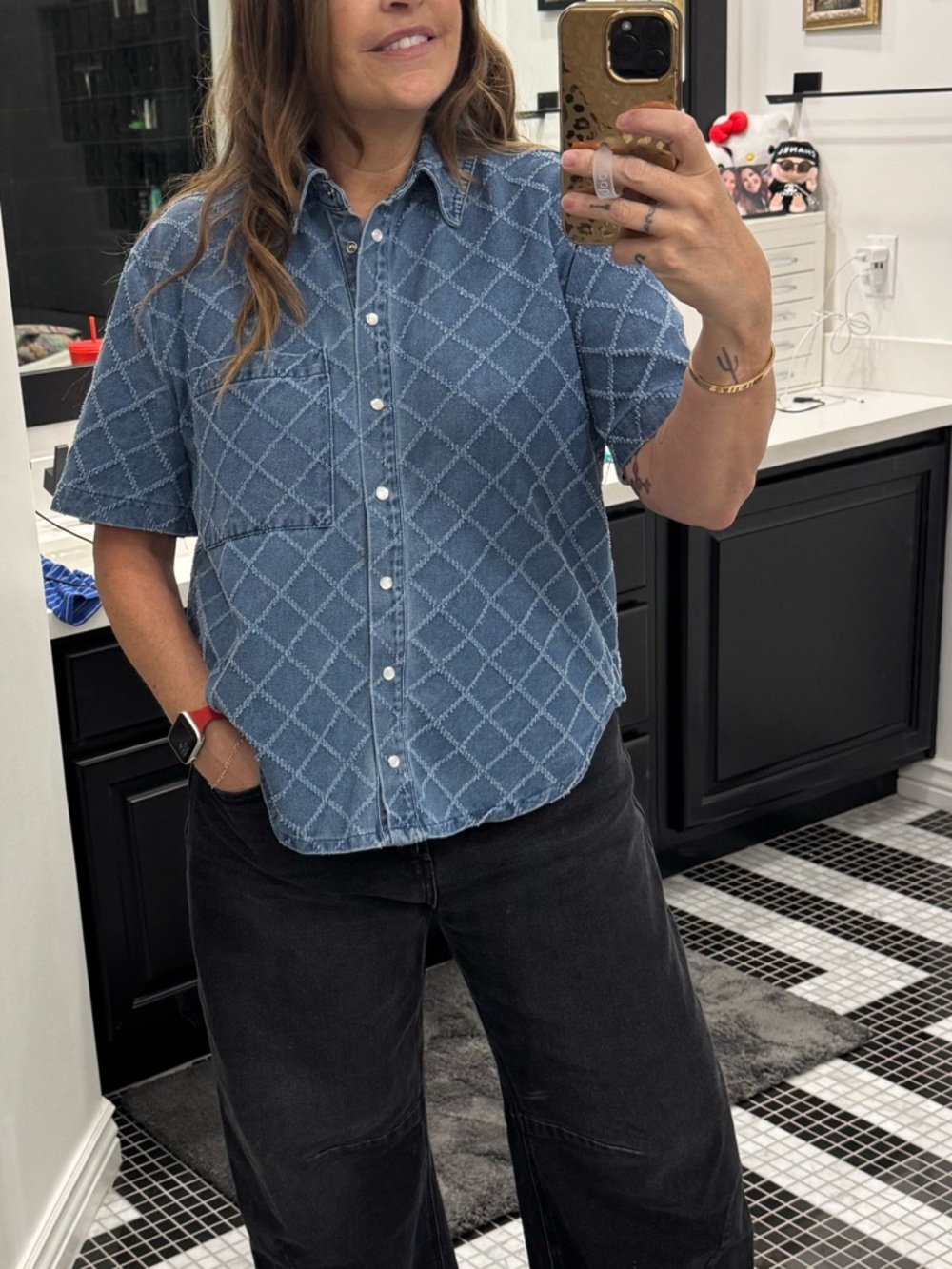 Short-Sleeve Blue Denim Button-Down Shirt with Quilted Grid-NWT
